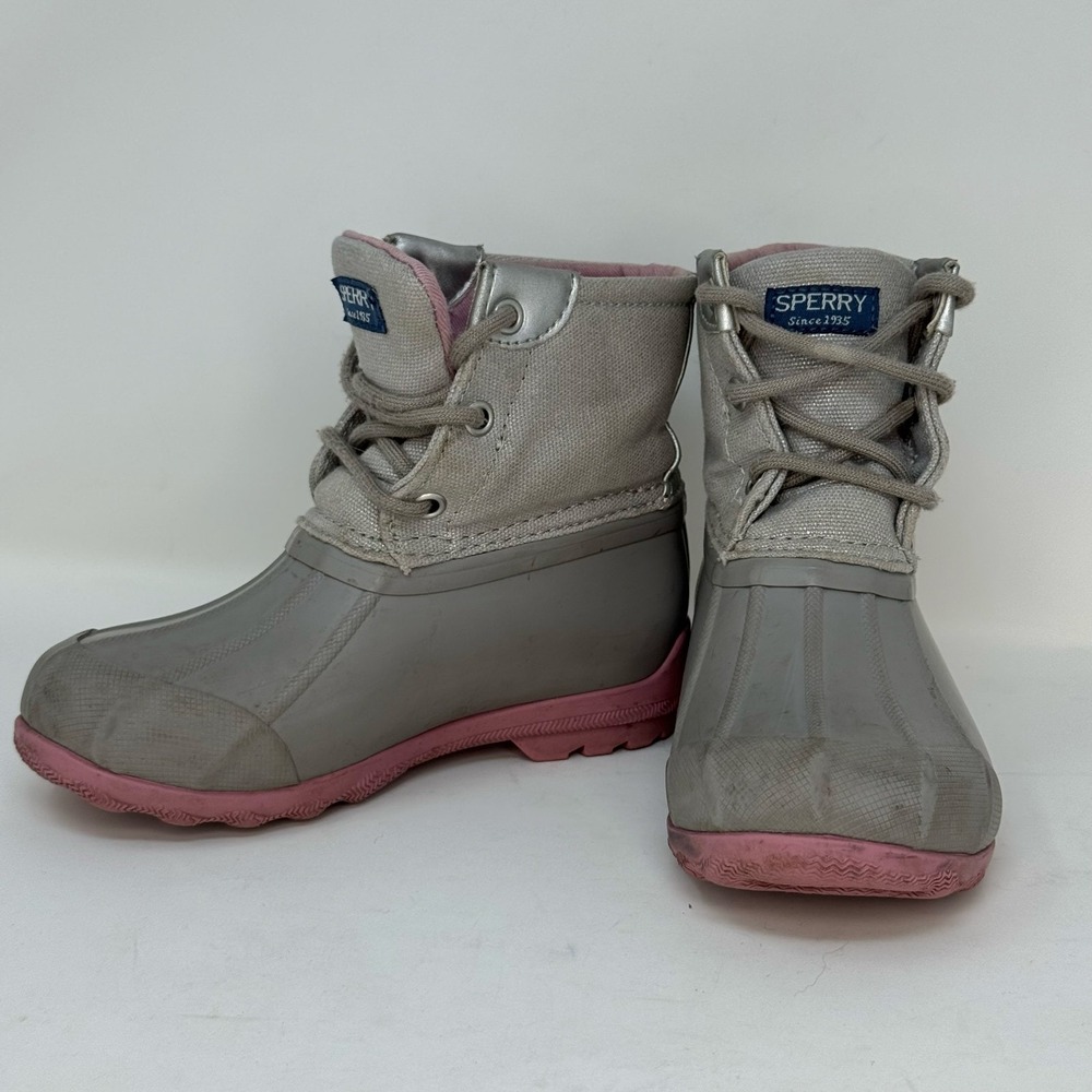 Sperry Port Boot Girls Gray Pink Duck Rain Winter Casual Boots Kids Size 10M